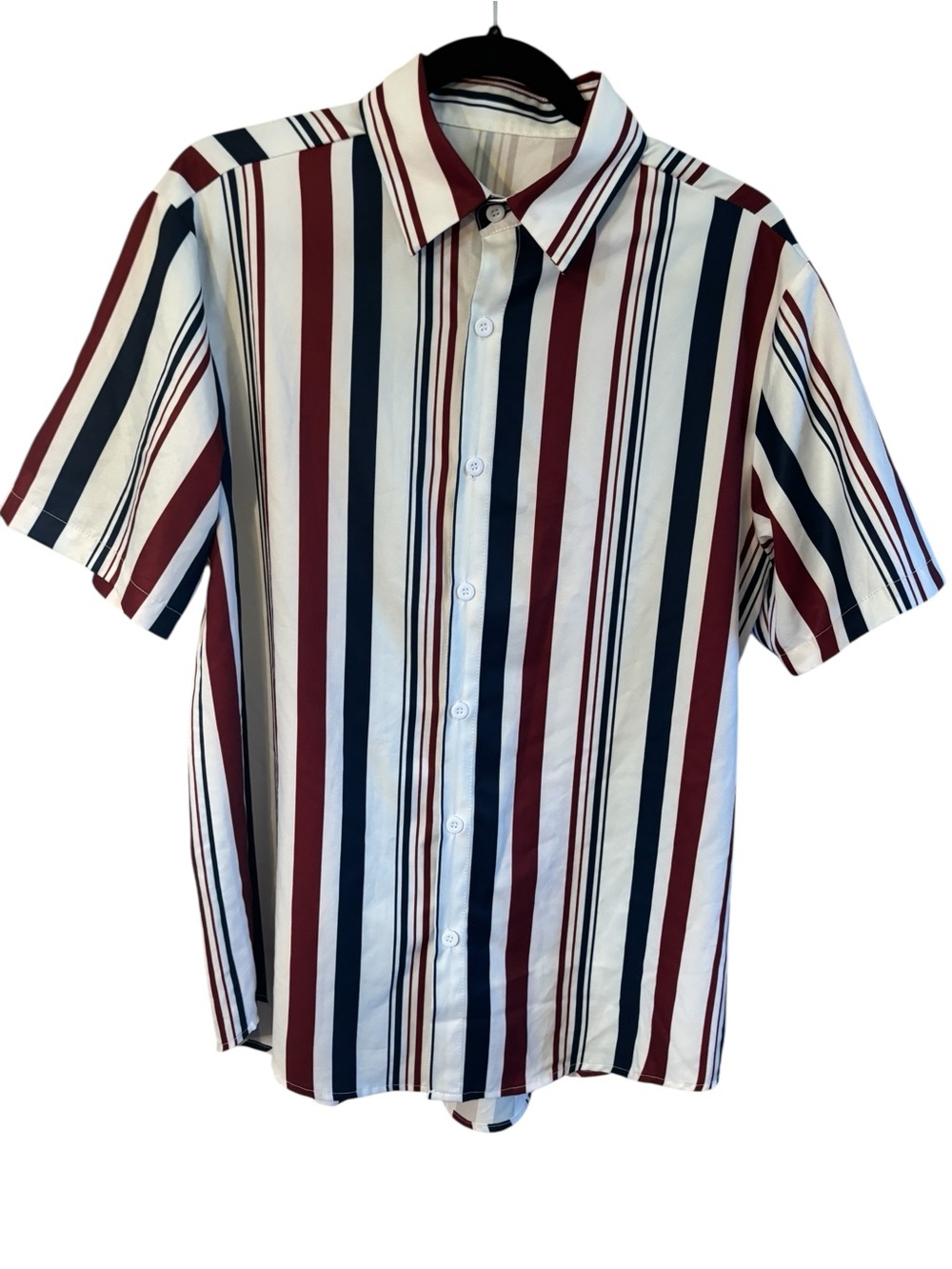 Button-Up Shirt Medium SHEIN White Short-Sleeve Blue & Burgundy Vertical Stripes